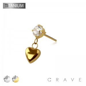 IMPLANT GRADE TITANIUM THREADLESS PUSH IN ROUND CZ HEART DANGLE TOP PART ONLY